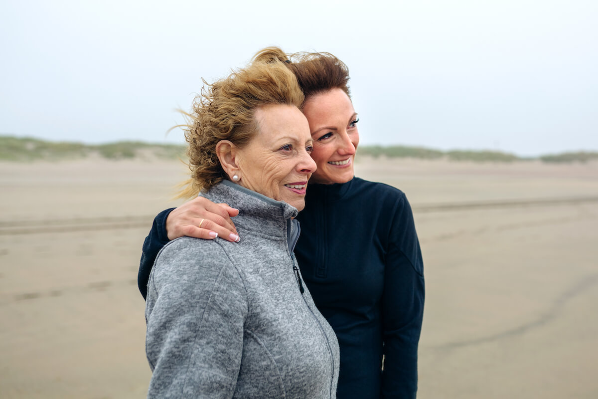 Two women looking at sea on the beach in autumn